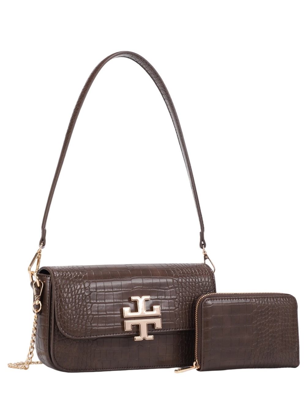 Brown Croc-Embossed Shoulder Bag with Wallet